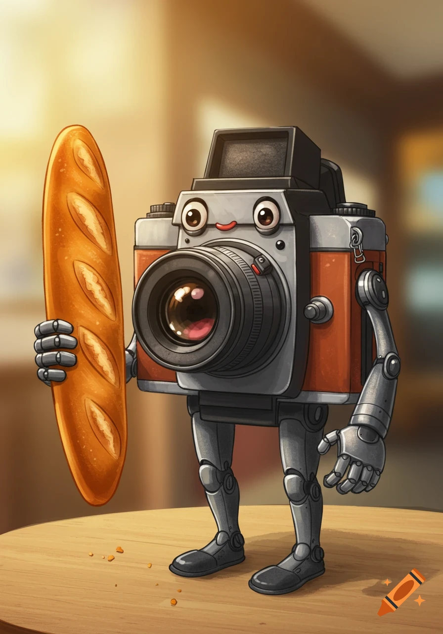 Cartoon camera robot character holding a baguette loaf of bread.