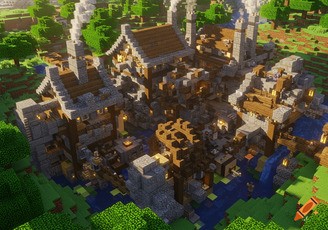 Aerial view of a detailed medieval-style factory complex built in Minecraft, surrounded by trees and water.
