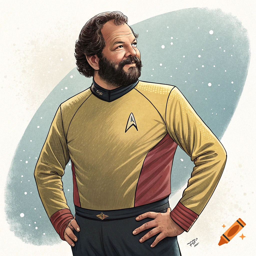Illustration of a man resembling Bud Spencer wearing a gold Star Trek uniform, hands on hips, looking up.