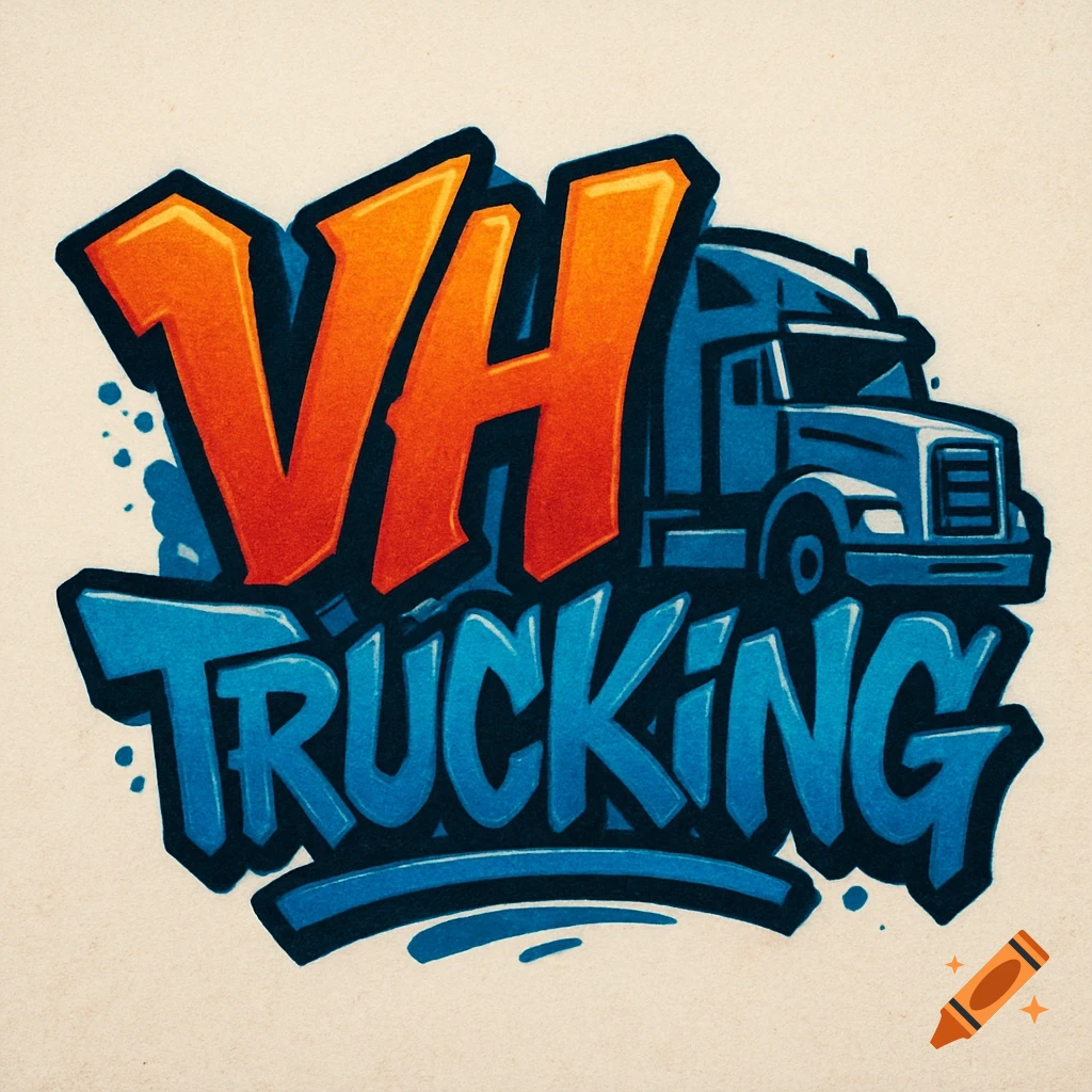 Graffiti style logo with orange and blue text "VH Trucking" and a semi truck graphic.