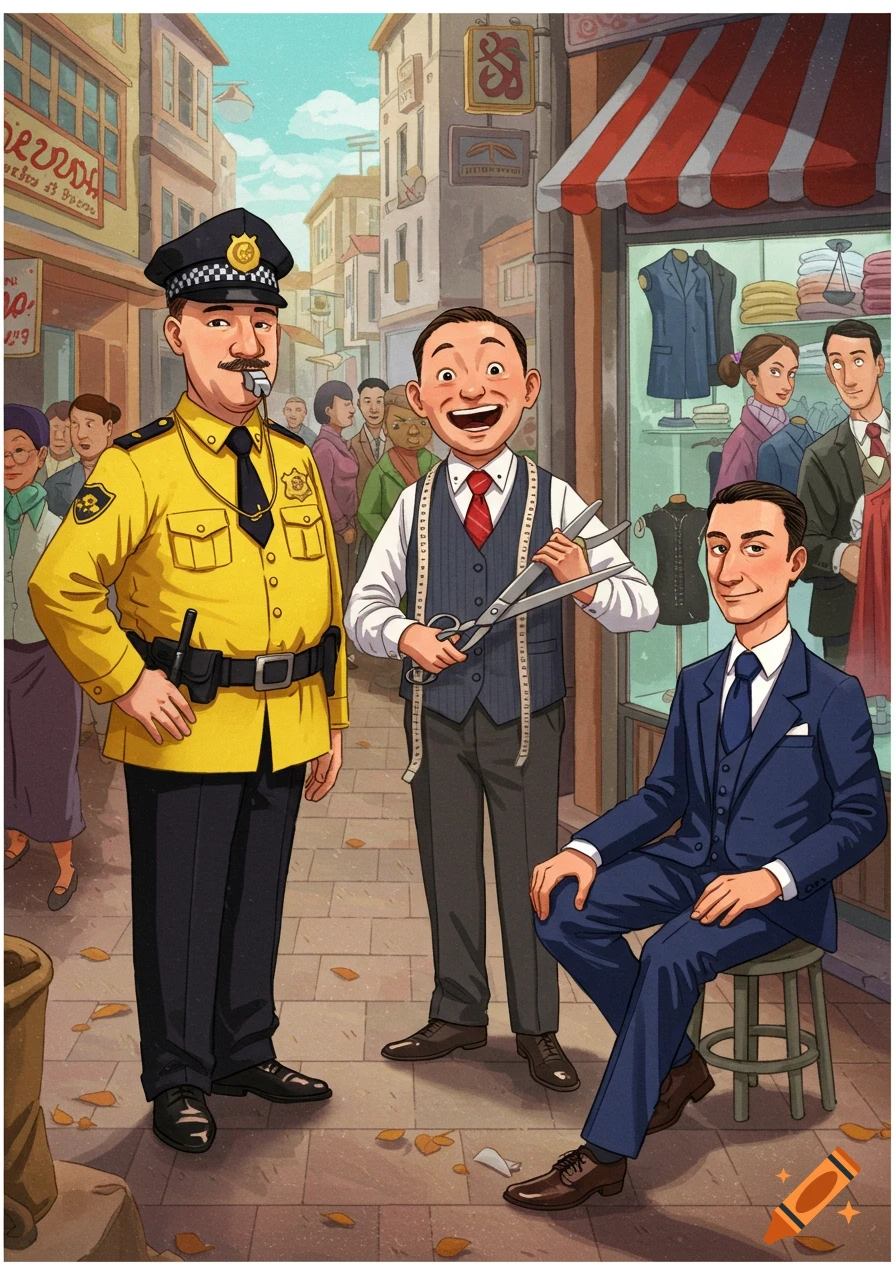 A cartoon illustration of a policeman, tailor, and lawyer standing on a city street.
