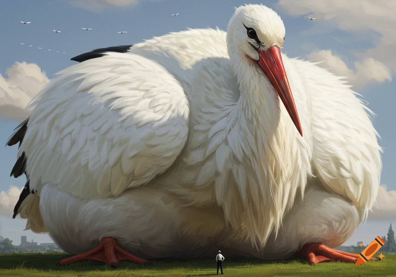 A giant white stork towers over a small person in a field with a city skyline in the background.