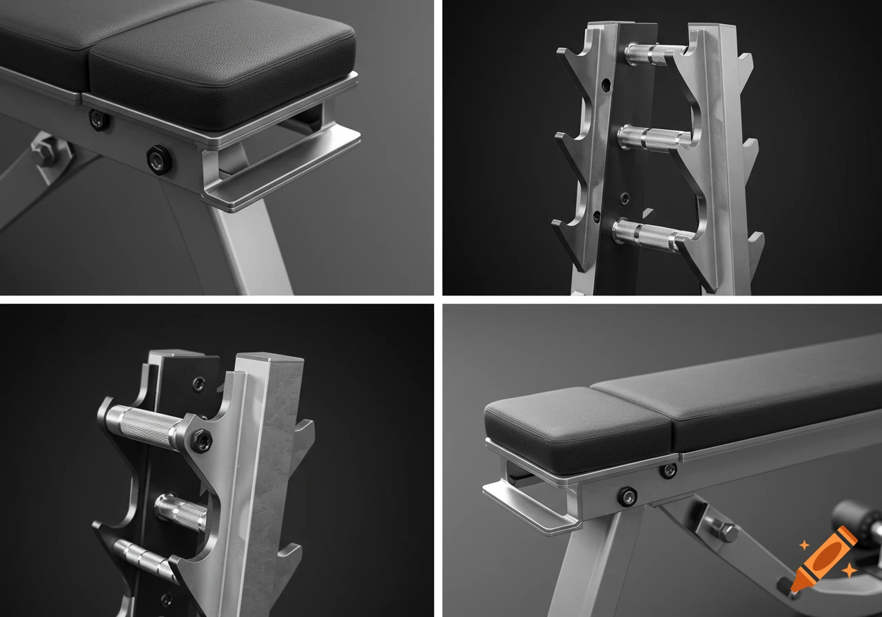 Four detailed close-up panels of a silver dumbbell rack system integrated into a black gym bench.