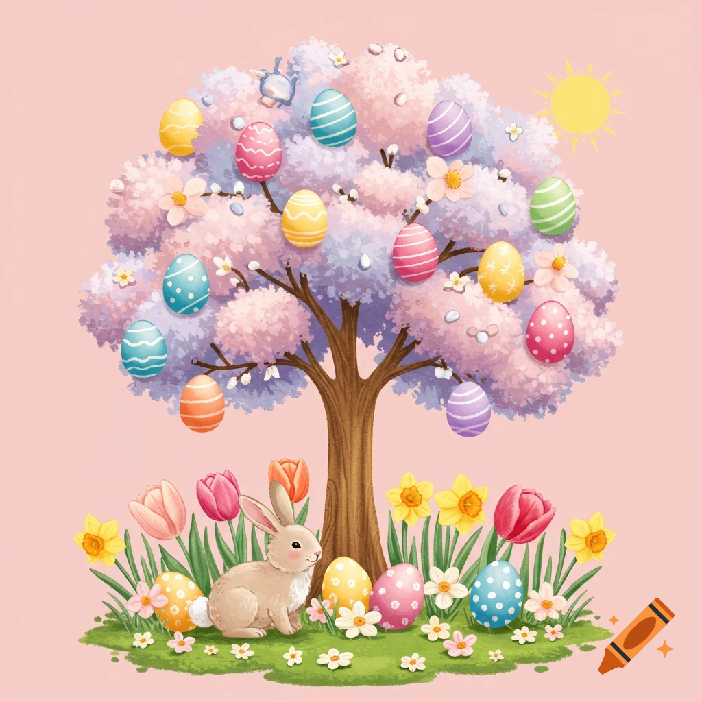 A watercolor illustration of an Easter bunny sitting near a tree decorated with Easter eggs, surrounded by tulips and daffodils.