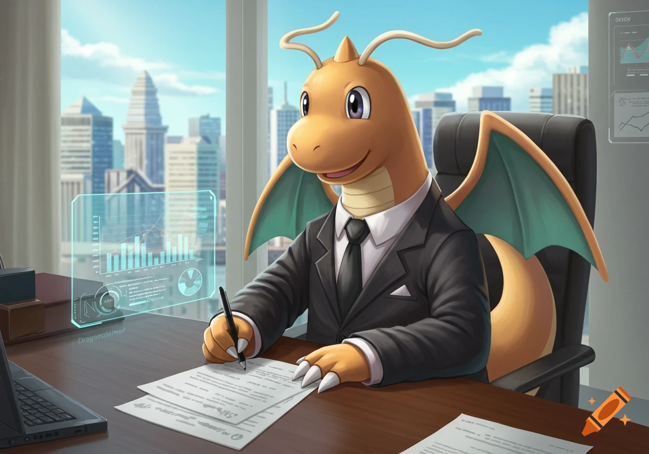 Dragonite wearing a suit sits at an office desk, writing on paper, with a cityscape visible through a window.