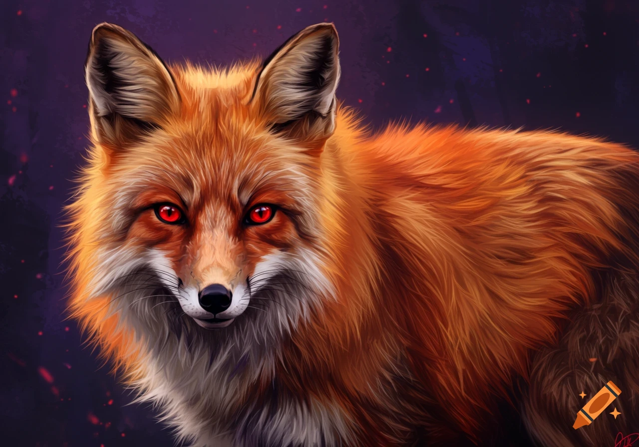 A red fox with piercing red eyes against a dark, speckled background.