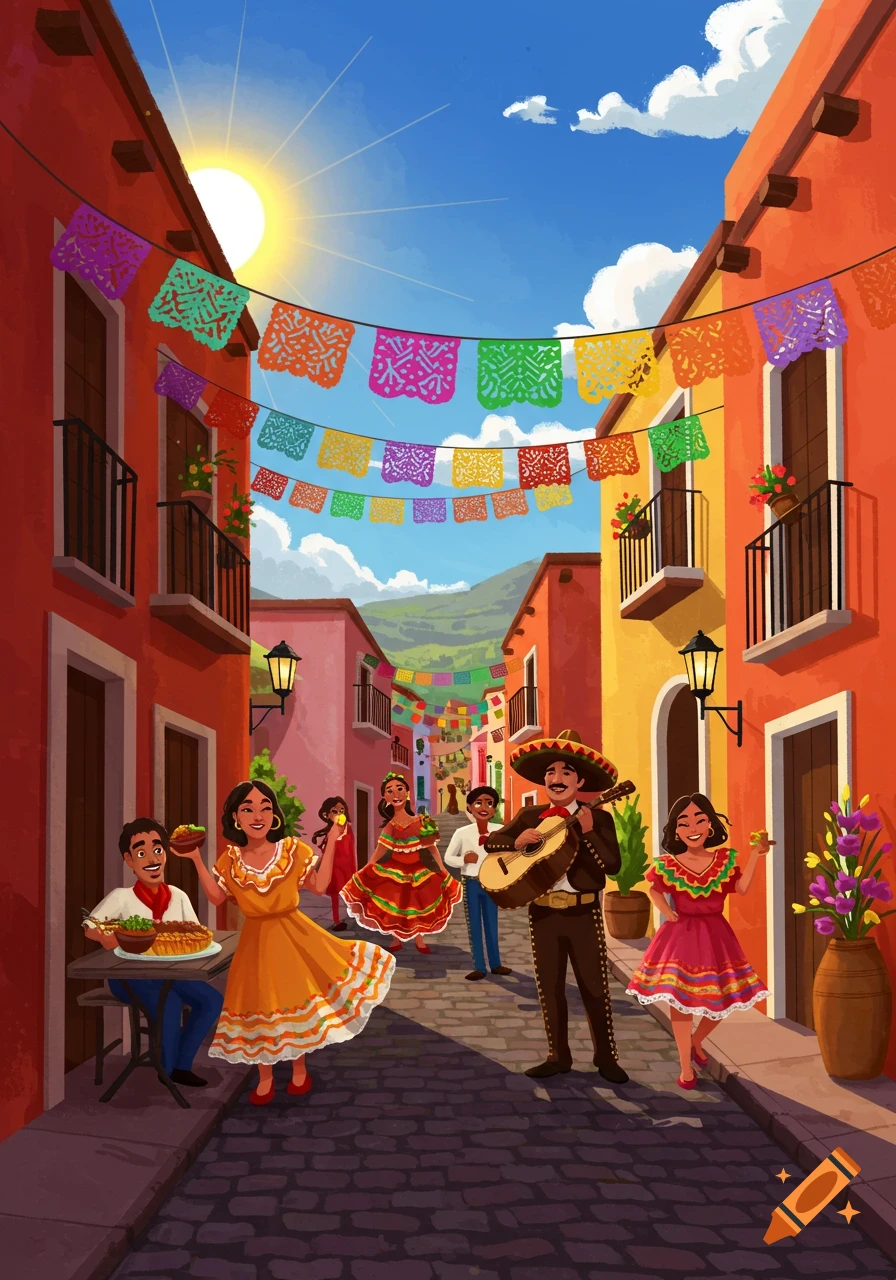 Festive street scene in Mexico with people celebrating, a mariachi, and colorful banners.