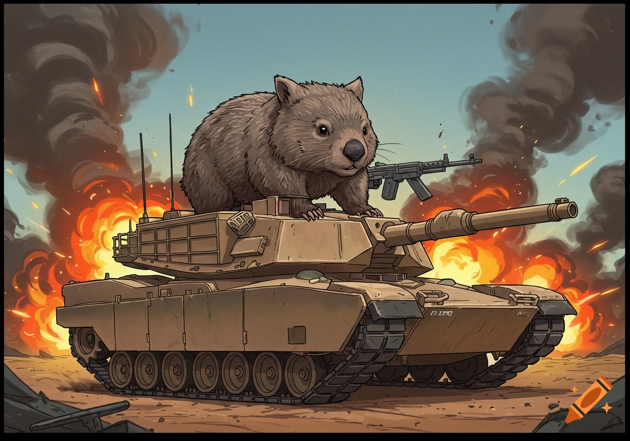 Cartoon wombat with a rifle on an M1 Abrams tank in a battle scene, digital painting.