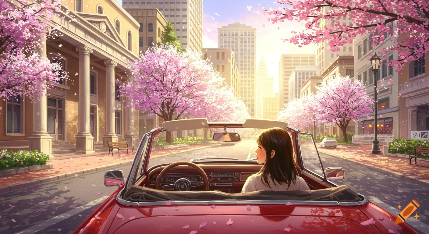 A person drives a red convertible down a cherry blossom street in a sunny city.