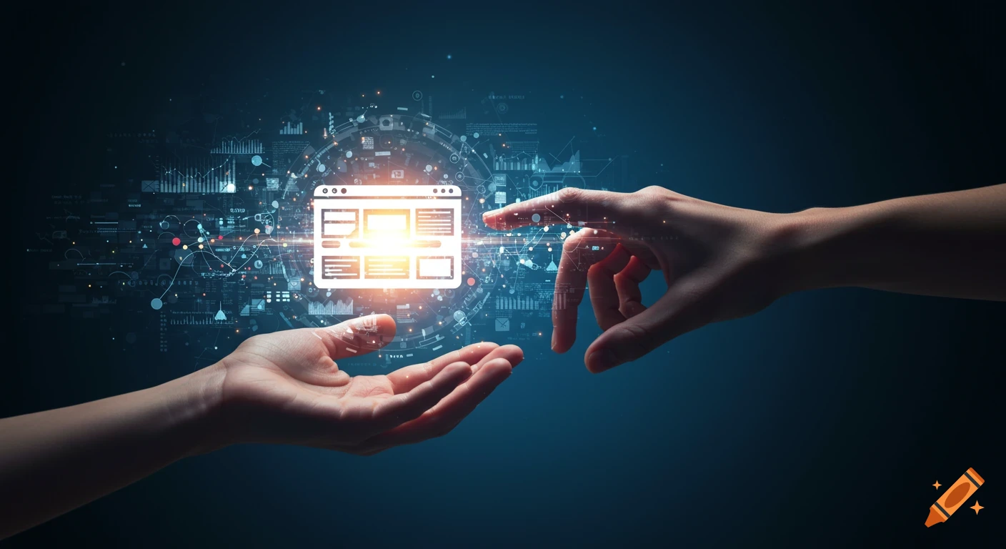 Two hands interact with a projected digital web interface icon and data visualizations.