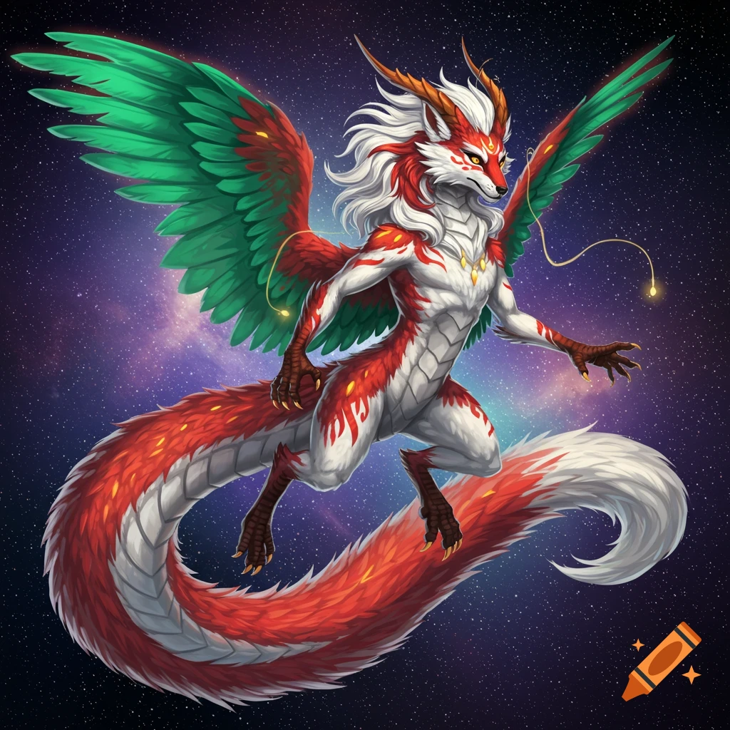 A red and white dragon-kitsune hybrid creature with green wings flying in space.