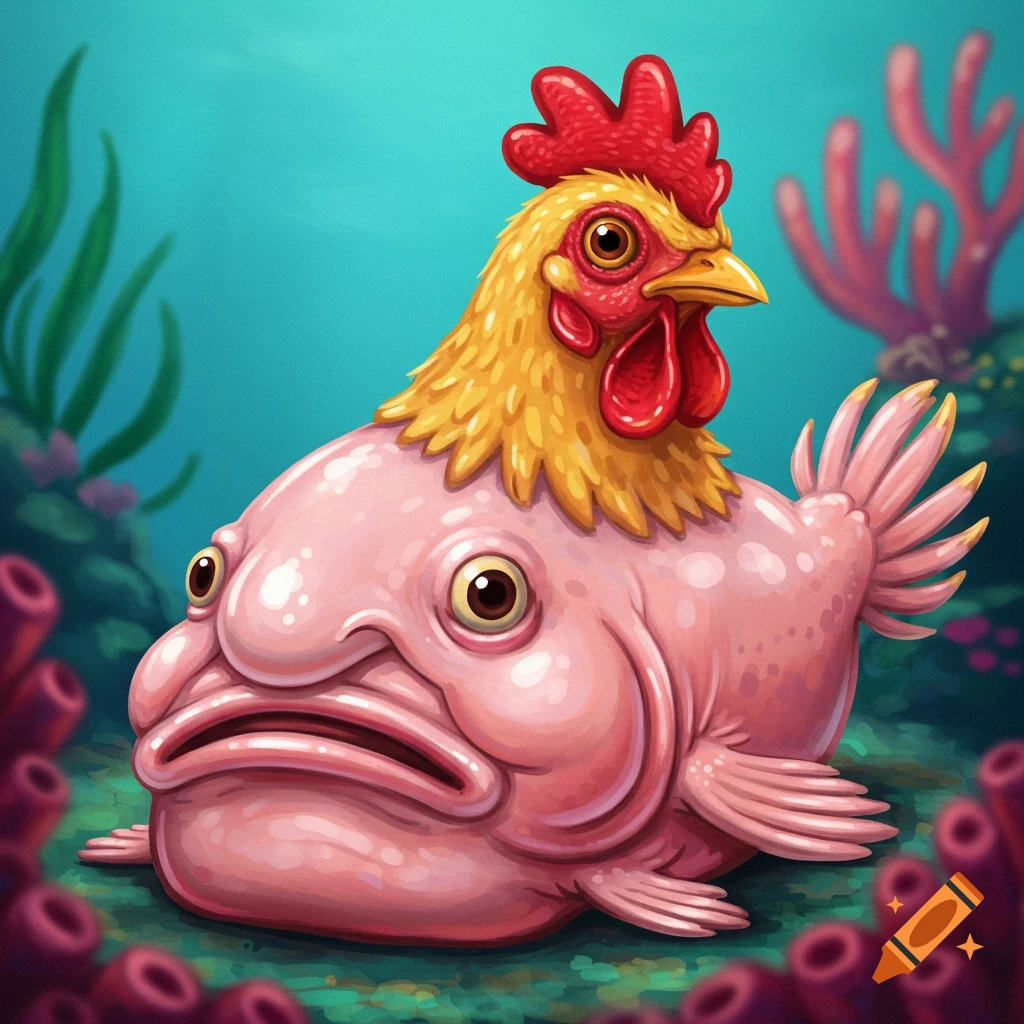 A cartoonish hybrid creature with a pink blob fish body and a chicken head sits on the seabed among coral.