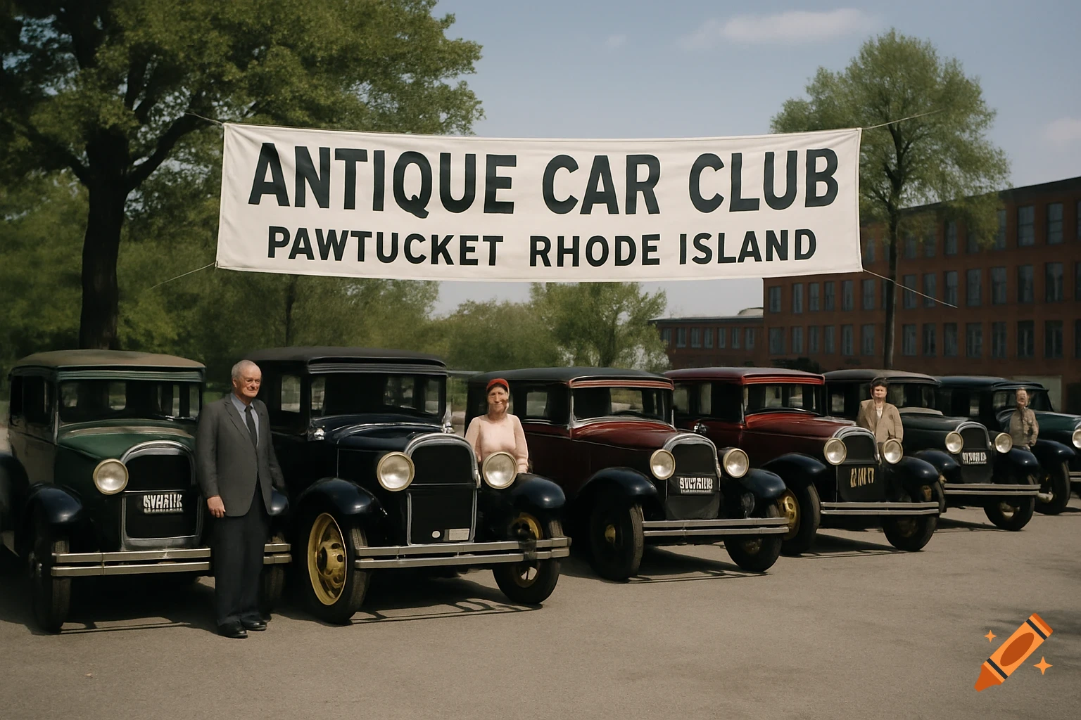 People standing with antique cars under a banner