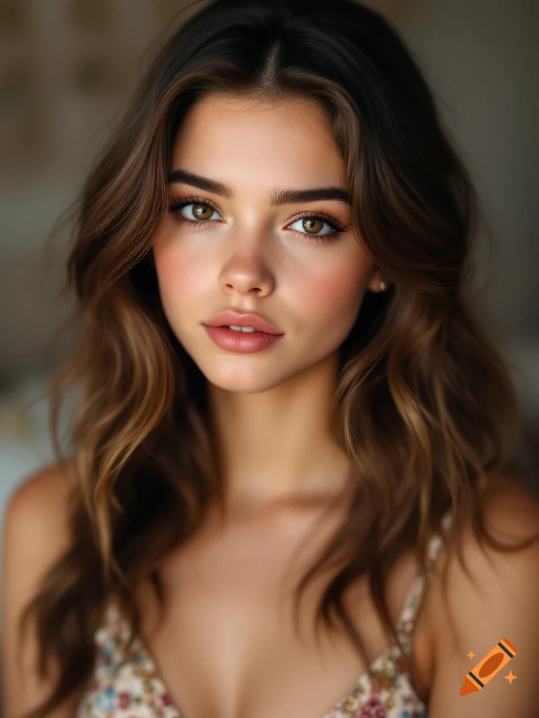 Close-up photorealistic portrait of a young woman with brown wavy hair and hazel eyes.