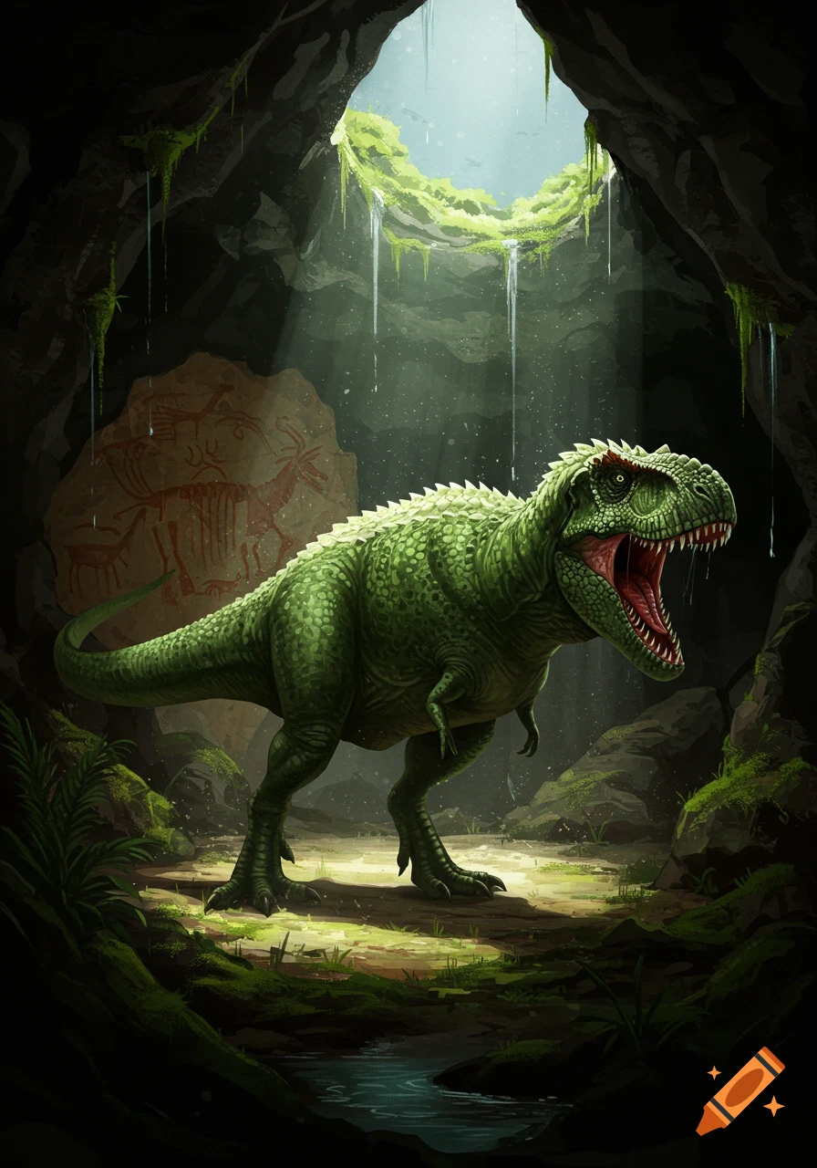 A green T-Rex roaring in a sunlit cave with prehistoric drawings on the wall.