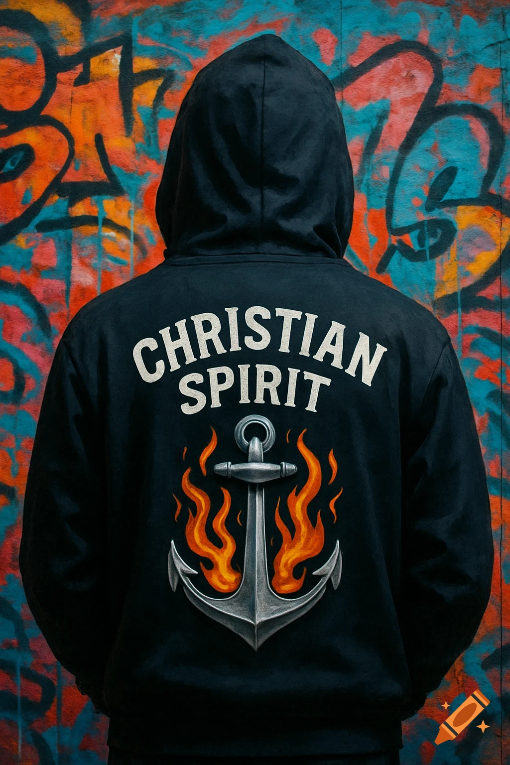 A person in a black hoodie with 'Christian Spirit' text and an anchor on the back, in front of graffiti.
