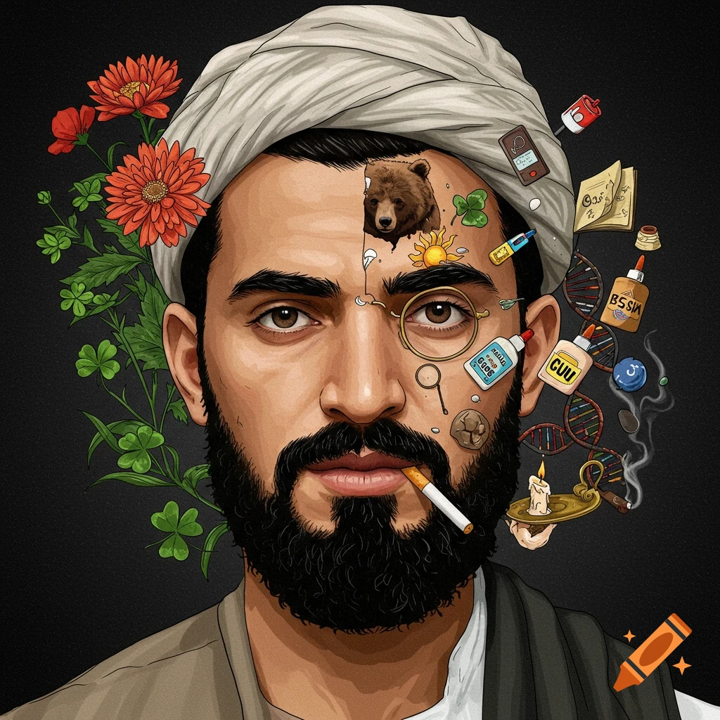 A man's head is surrounded by symbolic objects, including a bear, flowers, a book, and a cigarette.