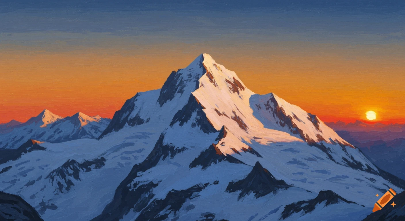Painting of snowcapped mountains at sunrise