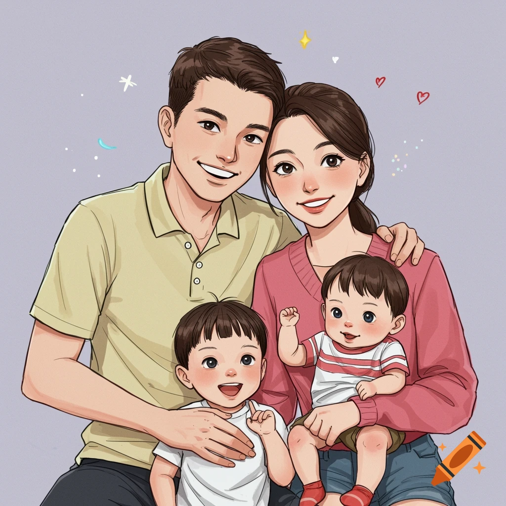 Cartoon illustration of a happy family