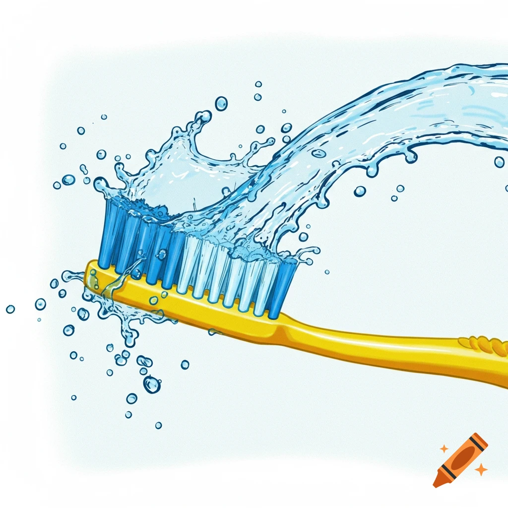 Yellow toothbrush with blue bristles splashing water.
