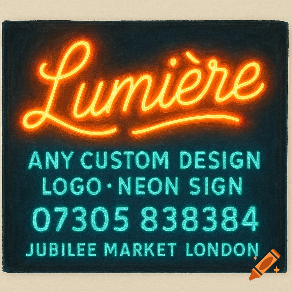 An orange and blue neon sign for Lumi re, listing business details.