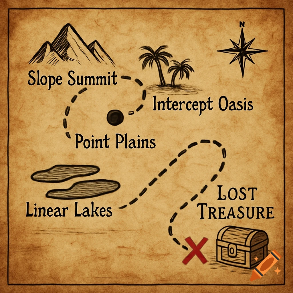 A hand-drawn treasure map on aged paper showing landmarks like mountains, palm trees, lakes, and a path leading to a buried treasure chest.