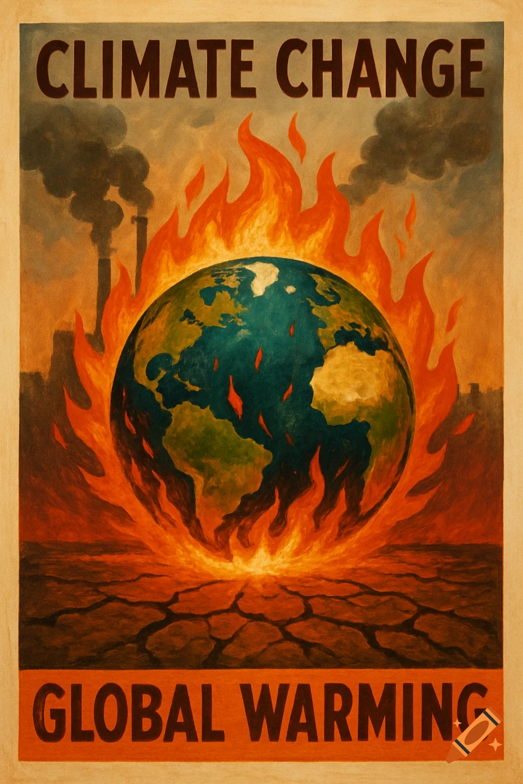 Poster showing the Earth burning, with factories in the background, and text reading 'CLIMATE CHANGE GLOBAL WARMING'.