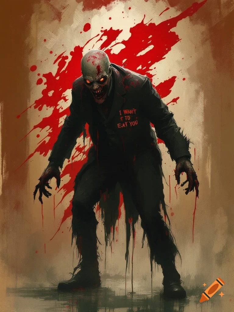 A zombie in a suit covered in blood splatter, with text on its jacket.