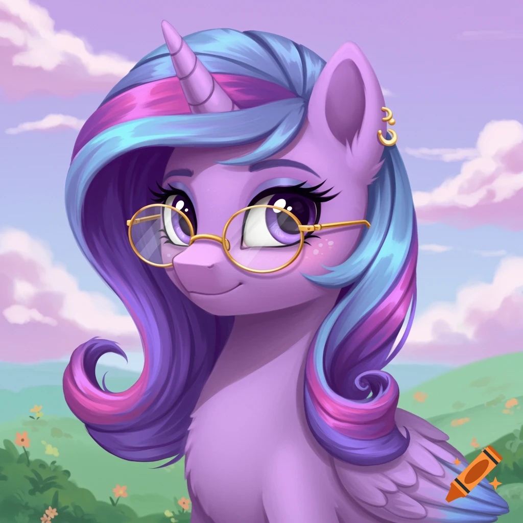 A purple cartoon alicorn pony character with long blue and pink hair and glasses stands in a field under a cloudy sky.