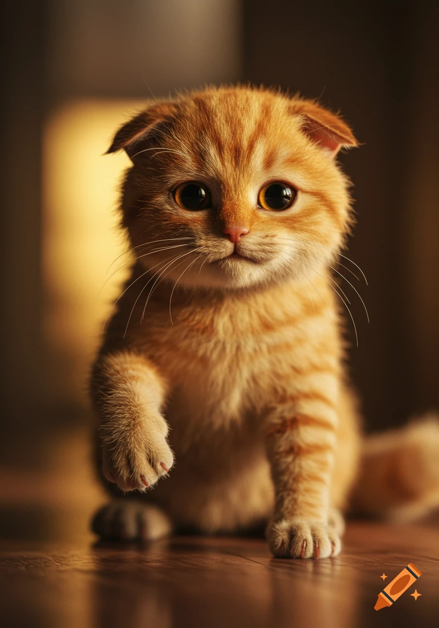 A close-up, low-angle photo of an orange kitten with large eyes raising one paw, looking directly at the camera.