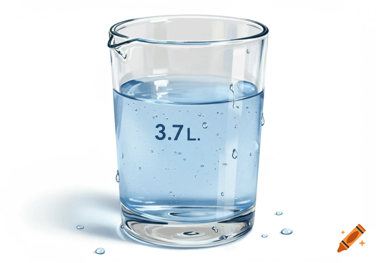 A glass beaker containing water and showing the text "3.7 L."