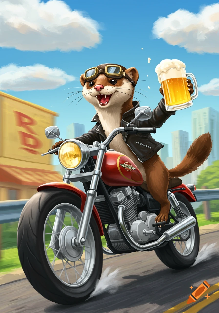 Cartoon weasel in a leather jacket and goggles rides a motorcycle, holding up a mug of beer.