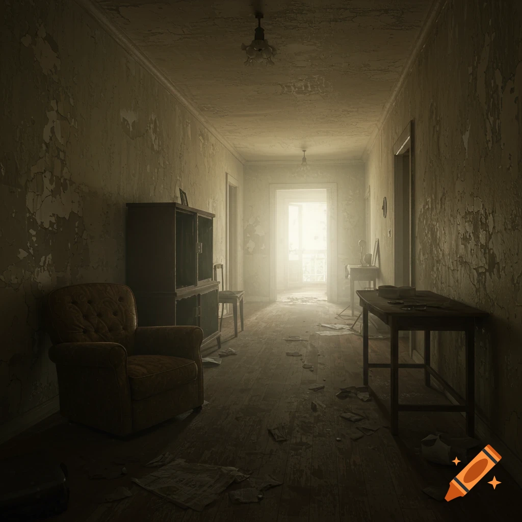 Dusty, abandoned hallway with peeling paint and scattered debris, leading to a bright doorway.