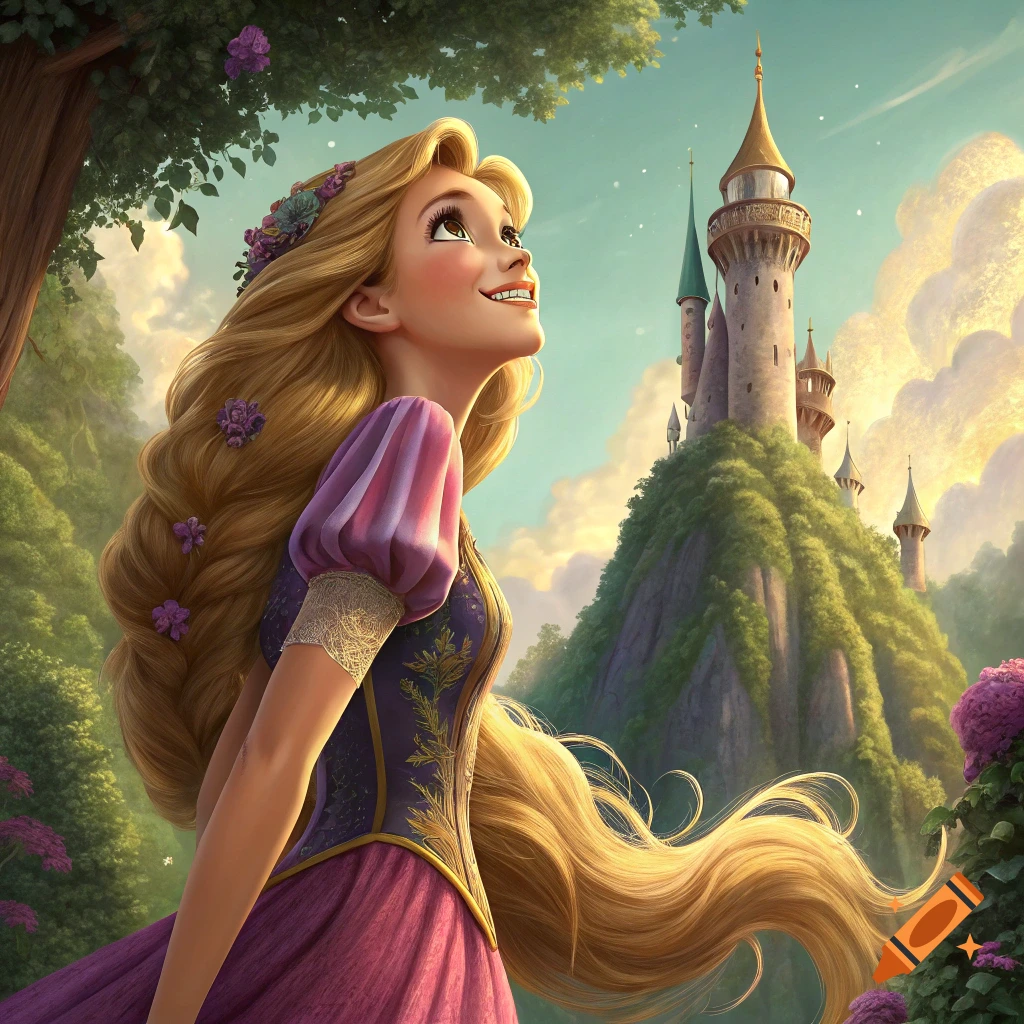 A long-haired princess in a purple dress looks up at a tall castle on a hill, surrounded by forest.