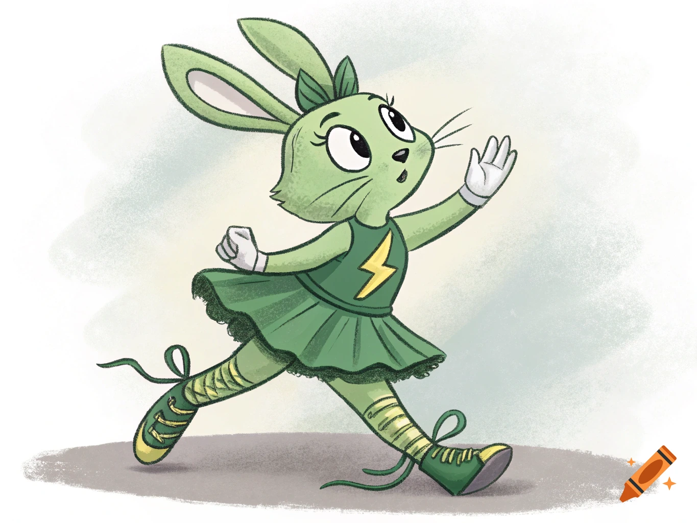 Cartoon green rabbit in a dress and leg warmers dancing.