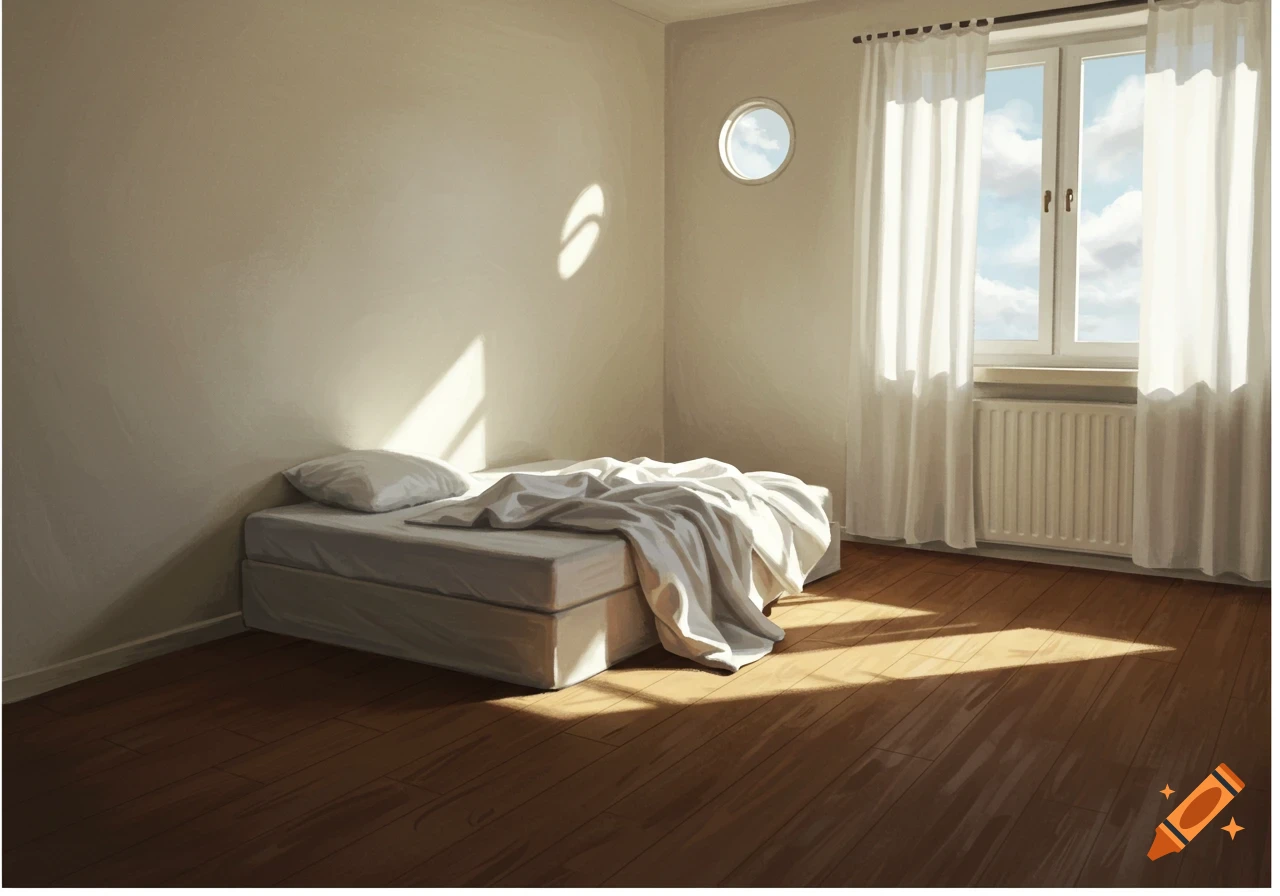 An empty bedroom with sunlight streaming through the window.