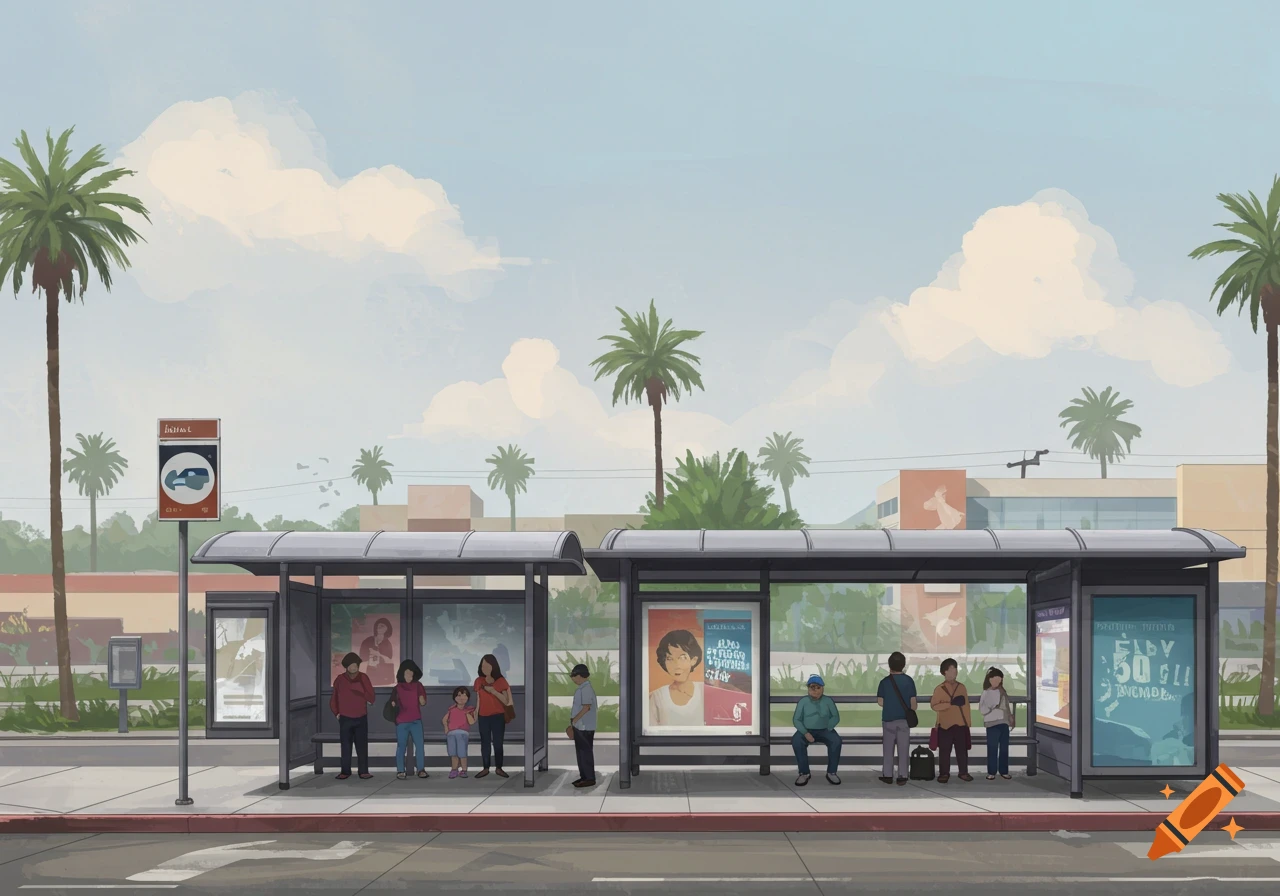 People waiting at public bus stops with palm trees and buildings in the background.
