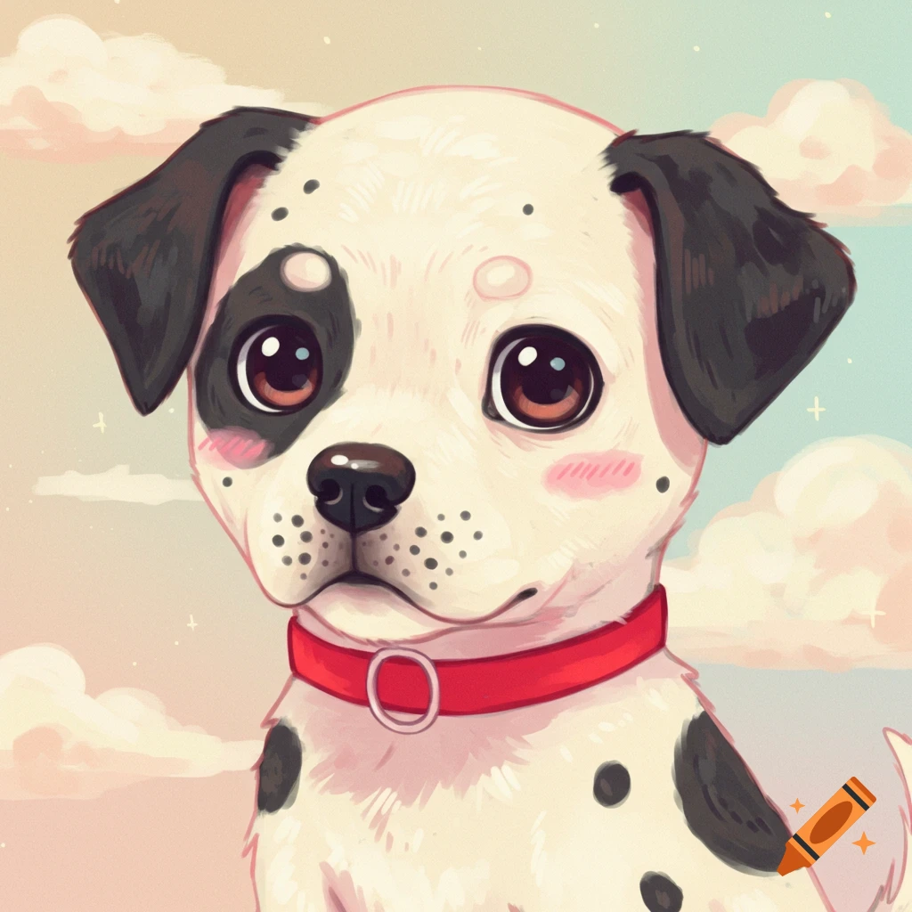 Cute cartoon puppy with black and white spots and a red collar.