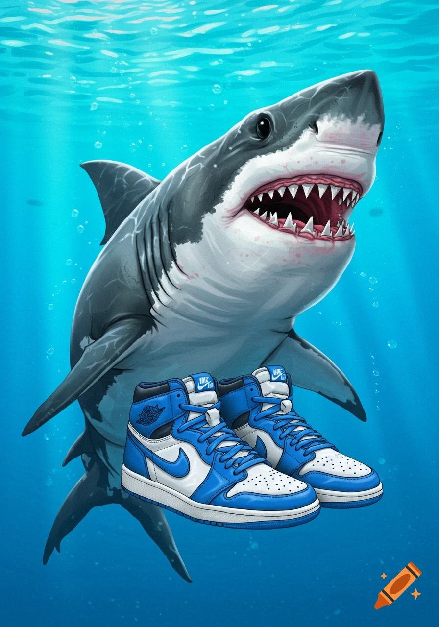An illustration of a great white shark underwater, wearing a pair of blue and white Air Jordan sneakers.