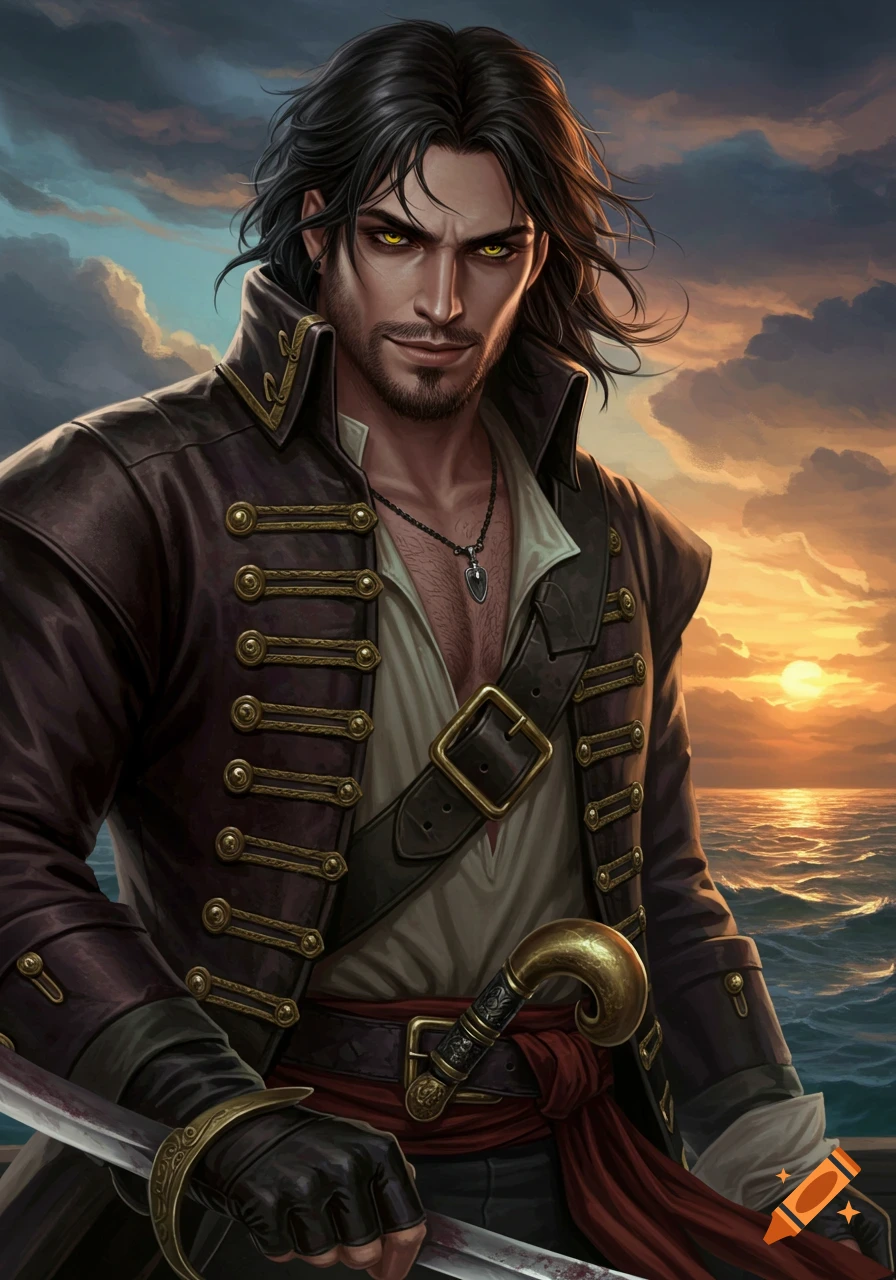 Digital painting of a male pirate with yellow eyes, sword, and leather coat against a sunset ocean.