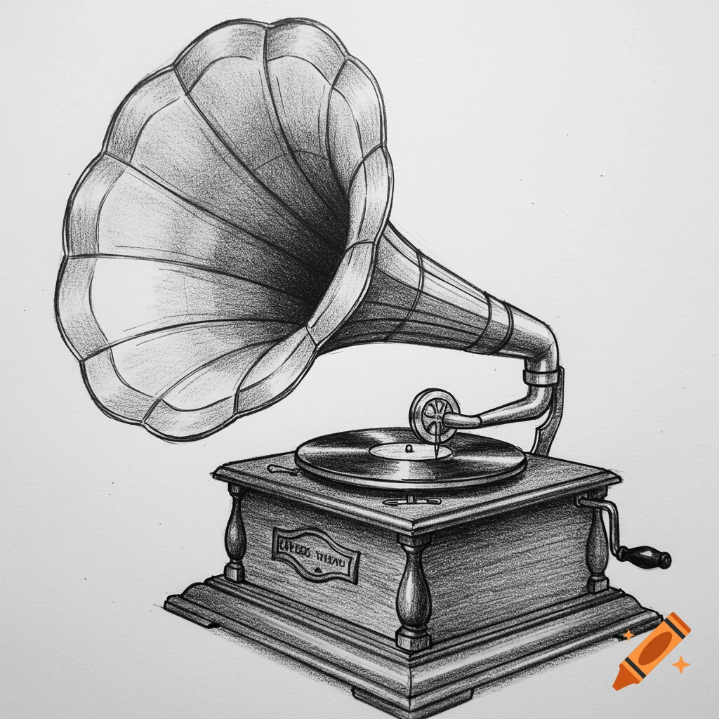 A charcoal sketch of an antique phonograph with a large horn.