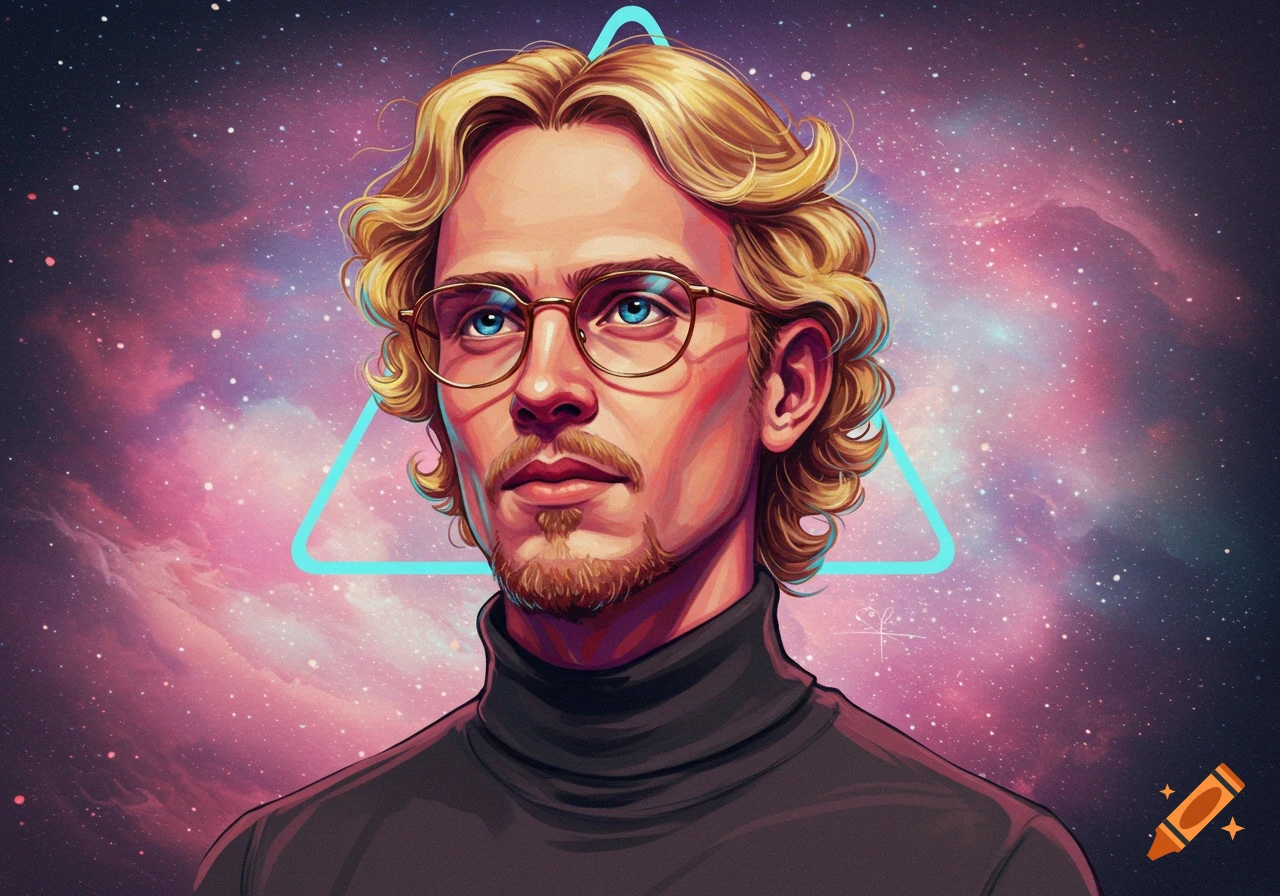 Illustration of a man with blond hair, glasses, and goatee against a colorful galaxy background with a geometric shape.