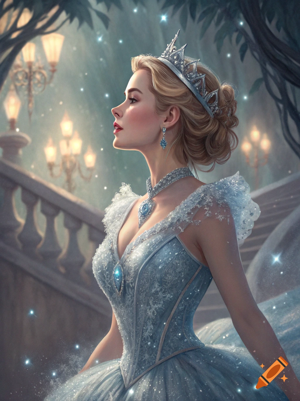 Portrait of a woman in a sparkly blue dress and crown looking upward in an elegant setting.