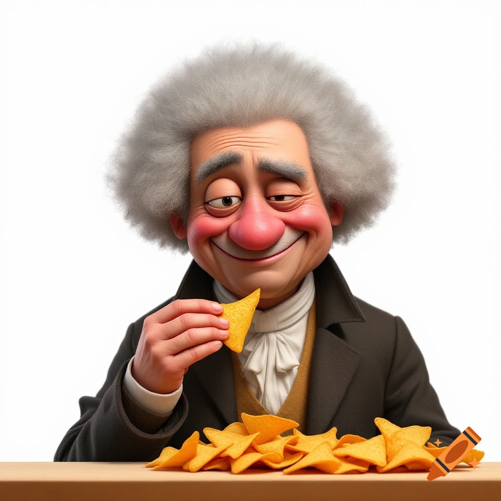 Cartoon character in a historical wig and coat eating a tortilla chip.