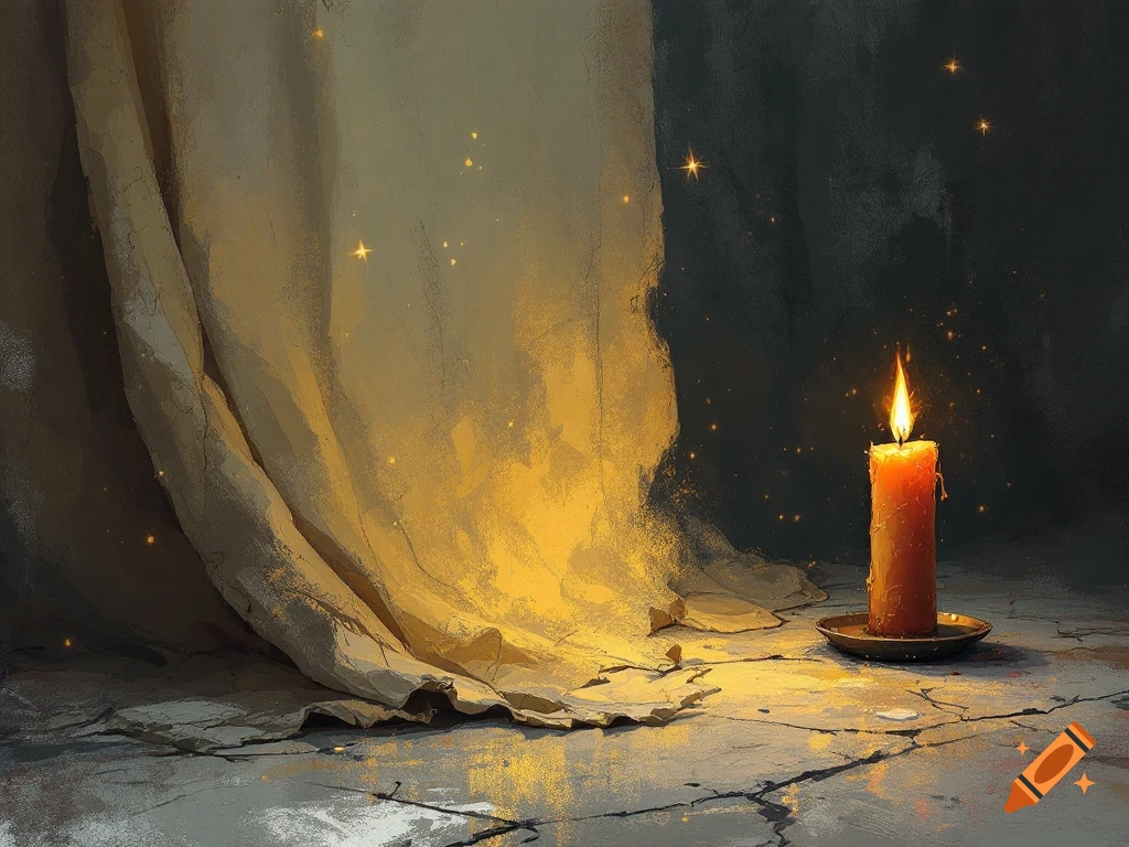 A burning candle sits on a cracked floor next to flowing fabric in a dimly lit, painterly scene with golden sparks.