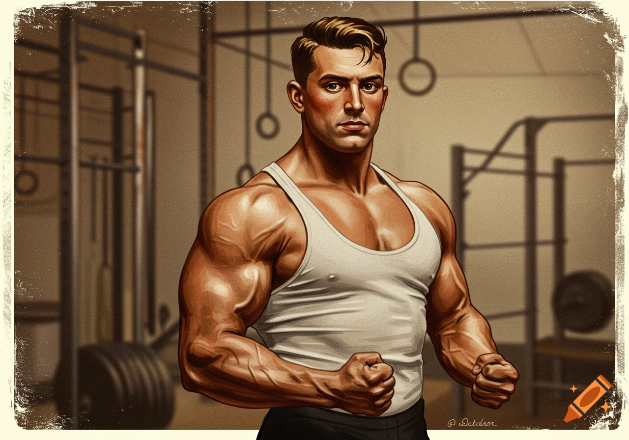 A muscular man in a tank top poses in a gym.