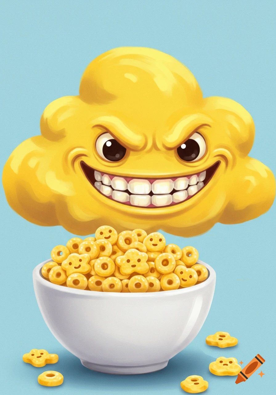 Cartoon yellow cloud character with a mad smile over a bowl of cereal with faces on a blue background.