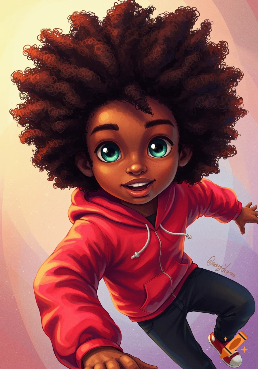 A stylized illustration of a young Black boy with afro hair wearing a ...