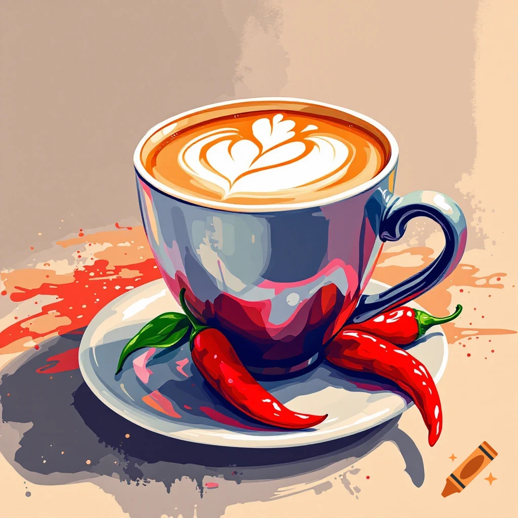 Stylized illustration of coffee with latte art and red chili peppers.