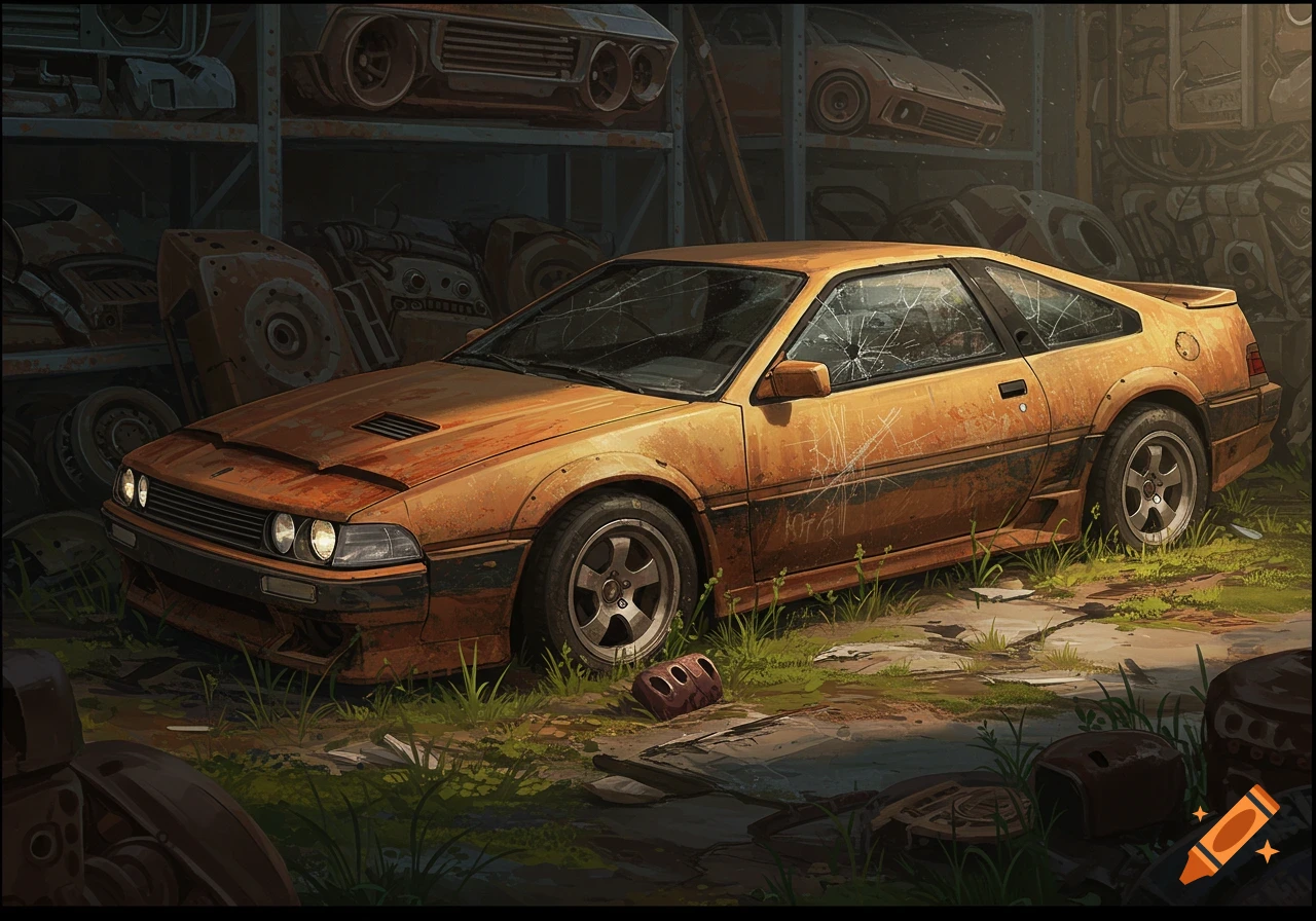 A rusty and damaged futuristic car in a junkyard.
